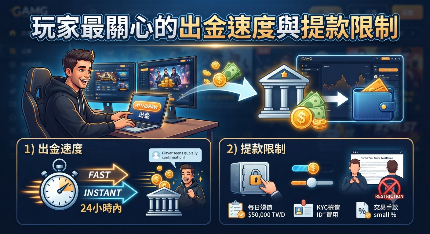 圖片上方展示了「玩家最關心的出金速度與提款限制」的大標題。 畫面透過玩家使用筆電進行出金及銀行轉帳的視覺元素，凸顯速度與限制的主題。